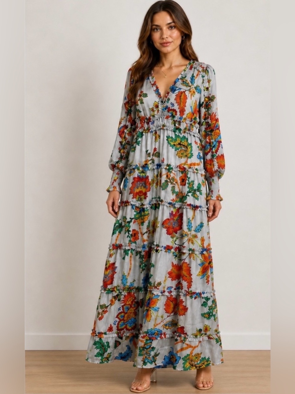 NWT CHELSEA & VIOLET MARGAUX PLISSE FLORAL PRINT TIERED MAXI DRESS-MED - Picture 1 of 13